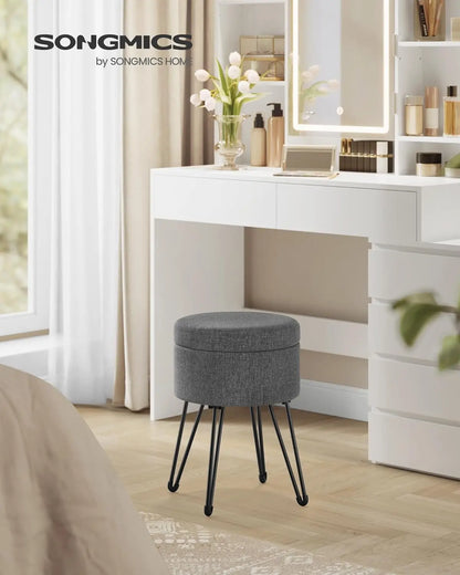 Vanity Stool Chair, Small Ottoman Stool with Storage, Vanity Chair, 15.4 Dia. x 17.4 Inches, 4 Metal Legs, for Makeup Room, for