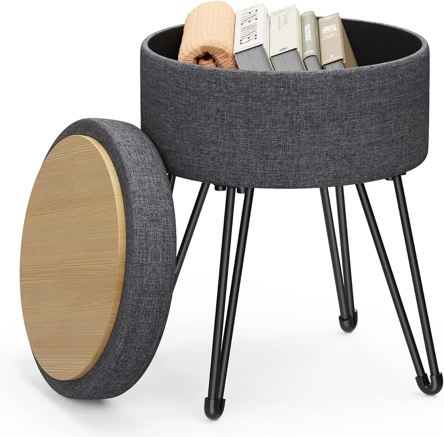 Vanity Stool Chair, Small Ottoman Stool with Storage, Vanity Chair, 15.4 Dia. x 17.4 Inches, 4 Metal Legs, for Makeup Room, for