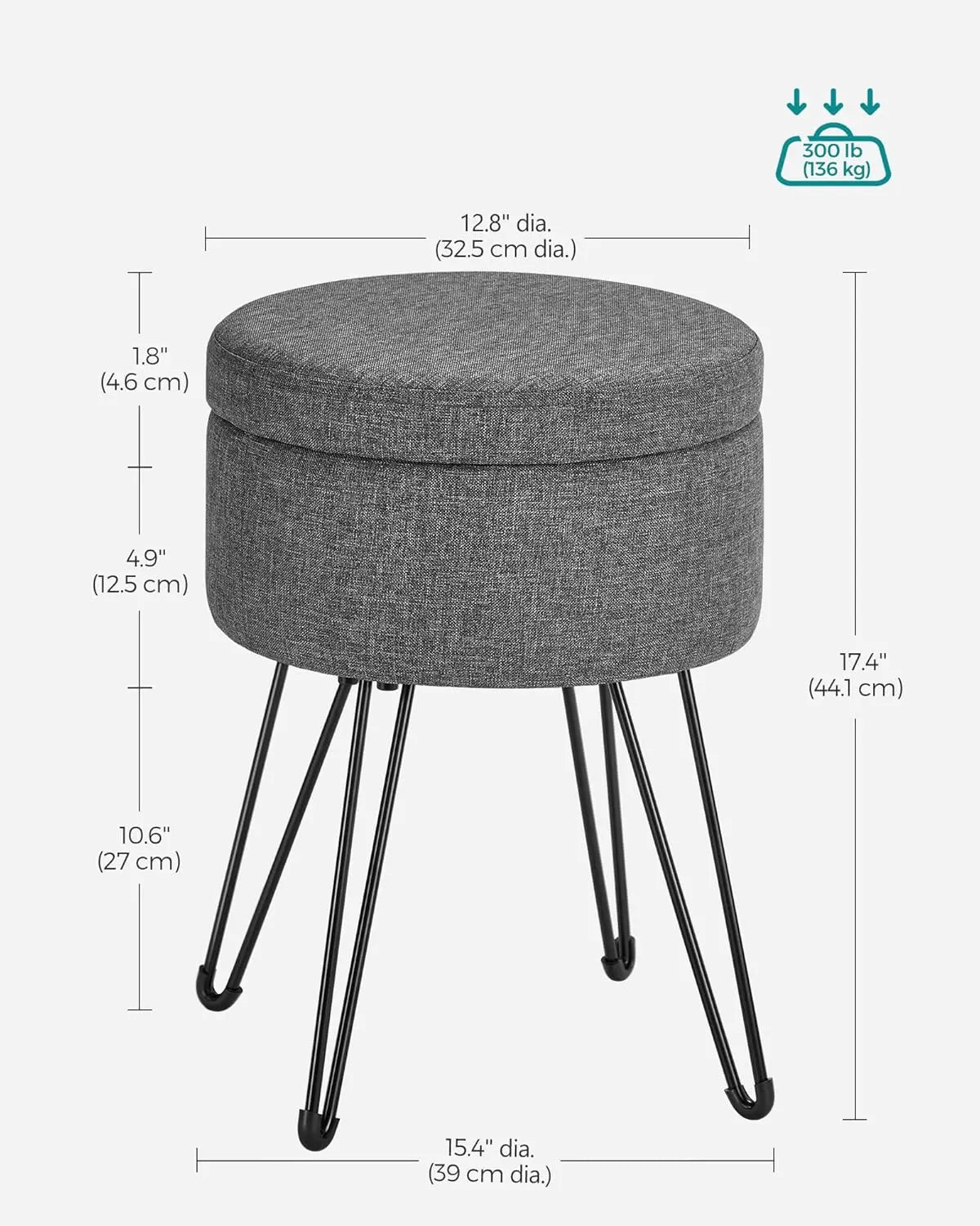 Vanity Stool Chair, Small Ottoman Stool with Storage, Vanity Chair, 15.4 Dia. x 17.4 Inches, 4 Metal Legs, for Makeup Room, for