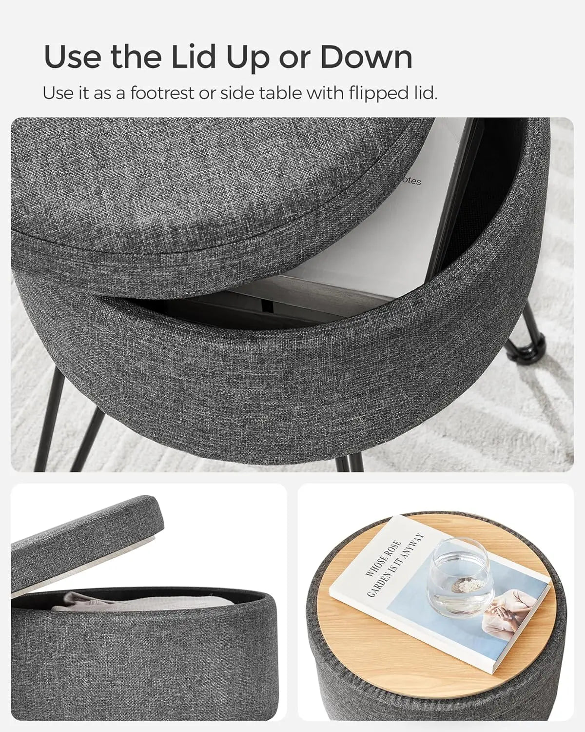 Vanity Stool Chair, Small Ottoman Stool with Storage, Vanity Chair, 15.4 Dia. x 17.4 Inches, 4 Metal Legs, for Makeup Room, for