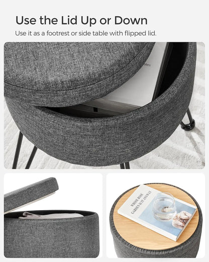 Vanity Stool Chair, Small Ottoman Stool with Storage, Vanity Chair, 15.4 Dia. x 17.4 Inches, 4 Metal Legs, for Makeup Room, for