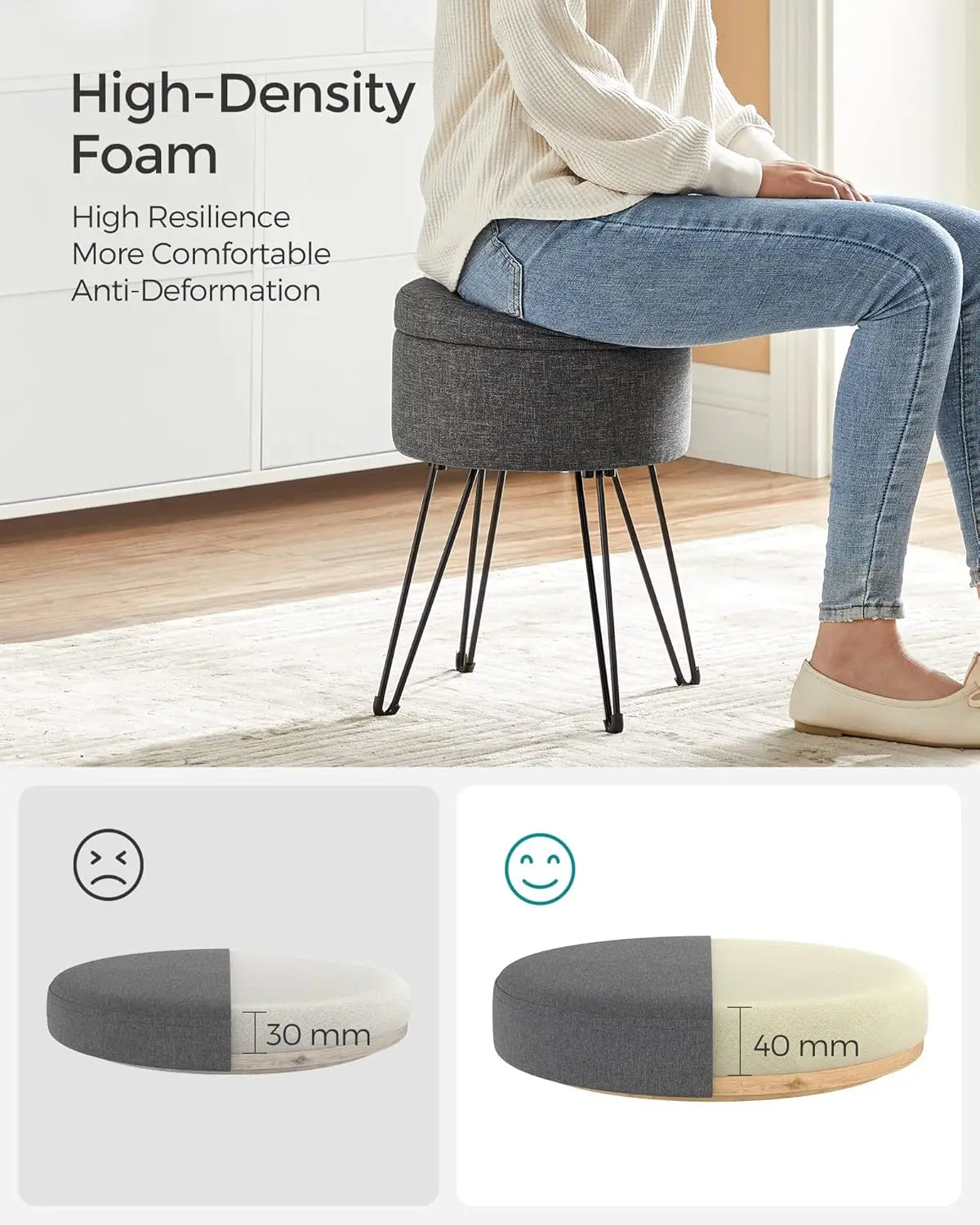 Vanity Stool Chair, Small Ottoman Stool with Storage, Vanity Chair, 15.4 Dia. x 17.4 Inches, 4 Metal Legs, for Makeup Room, for